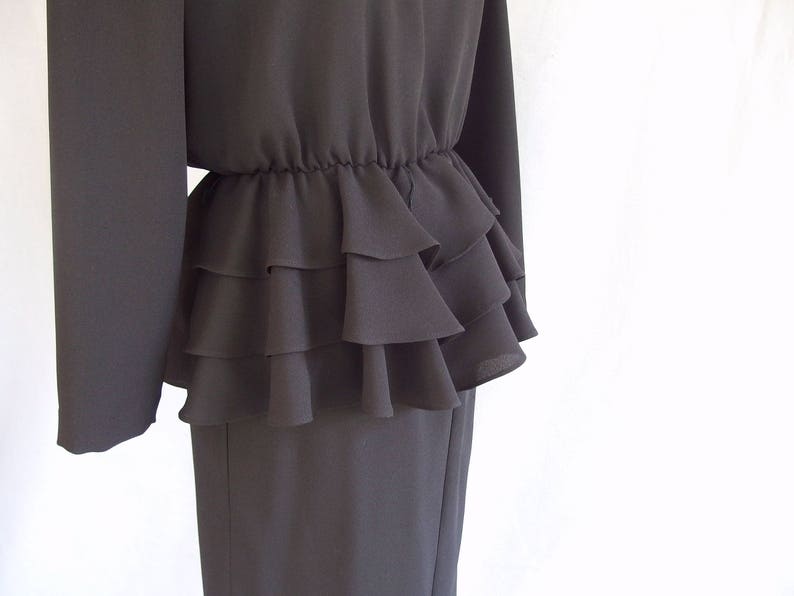 Little Black Dress Vintage 1980's Two Piece Ruffled Peplum Dress, Fits Size 6, Small image 4