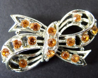Vintage Amber Rhinestone Bow Brooch, Chunky Jewelry