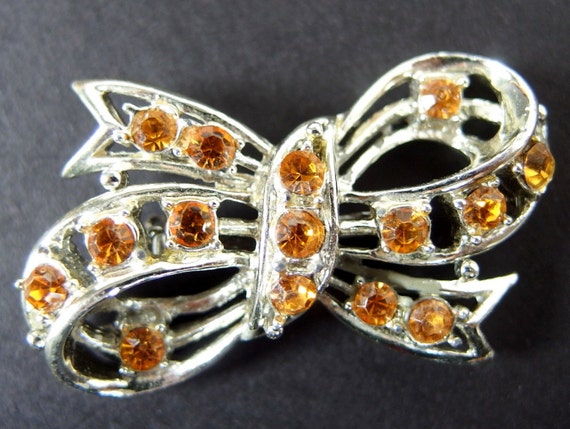 Vintage Amber Rhinestone Bow Brooch, Chunky Jewel… - image 1