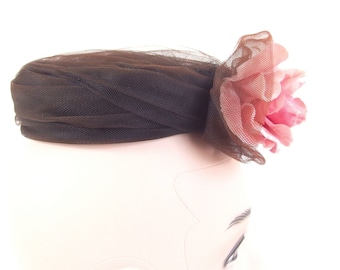 Vintage Brown Pillbox Hat, Turban Style Wrapped Open Crown Hat with Pink Flower