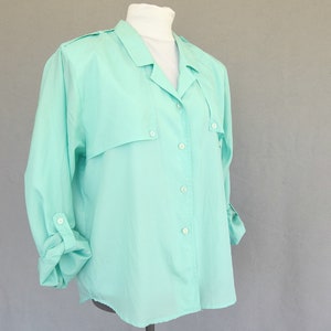 Rolled Sleeve Blouse, Vintage 1980's Silky Aqua Military Inspired Shirt, Fits Size 10 Medium image 5