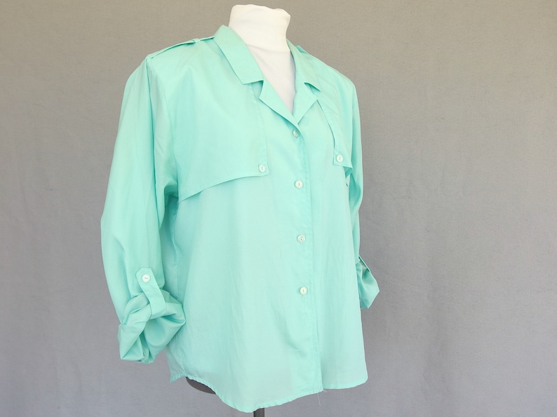 Rolled Sleeve Blouse, Vintage 1980's Silky Aqua Military Inspired Shirt, Fits Size 10 Medium image 5