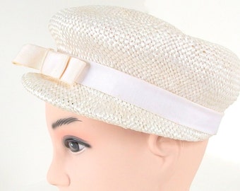 Vintage 1960's White Straw Newsboy Hat