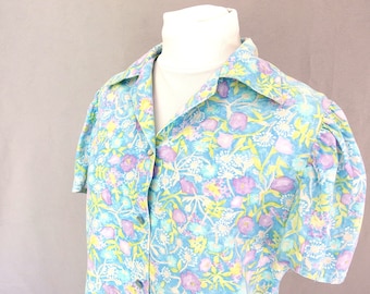 Blue Floral Blouse, Vintage 1970's Handmade Purple Flower Top, Modern Size 8, Small