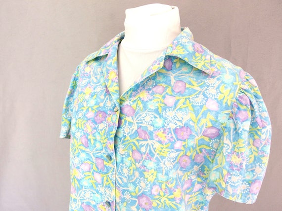 Blue Floral Blouse, Vintage 1970's Handmade Purpl… - image 1