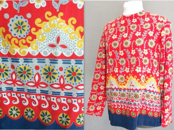 Red / Blue Blouse, Vintage 1970's Folk Inspired B… - image 1