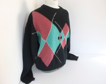 Argyle Sweater, Vintage 1980's Black with Pink and Green Diamonds, Fits Size 12, Medium