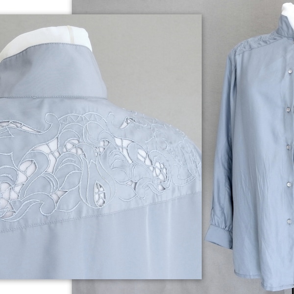 Vintage Silky Blouse, Faux Chambray with Embroidered Cutout Dress Blouse, Long Sleeve Shirt by Susan Hutton, Fits Size 14, Large