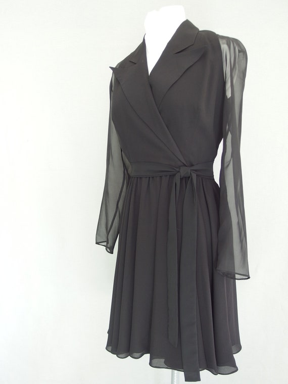 Black Party Dress, Vintage 1980's Faux Wrap Dress… - image 1