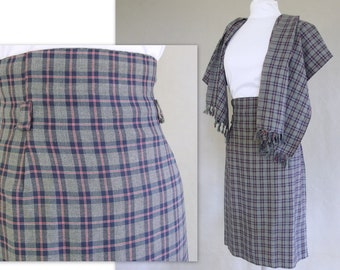 Vintage Gray Tartan Hollywood Waist Skirt with Scarf, Fits Size 4 - 6, Extra Small to Small