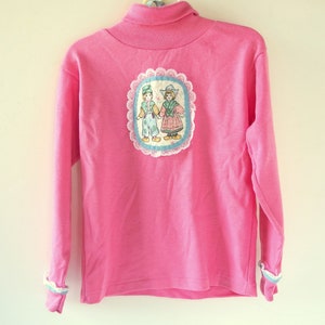 Vintage 1990's Pink Turtleneck, Girl's Appliqued Long Sleeved Knit Shirt from Health Tex, Size 6 image 1