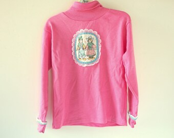 Vintage 1990's Pink Turtleneck, Girl's Appliqued Long Sleeved Knit Shirt from Health Tex, Size 6