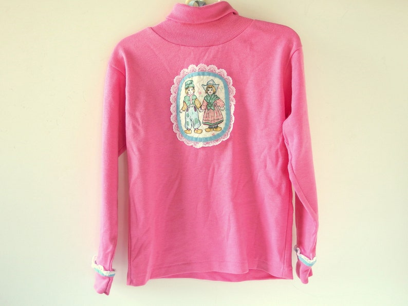 Vintage 1990's Pink Turtleneck, Girl's Appliqued Long Sleeved Knit Shirt from Health Tex, Size 6 image 1