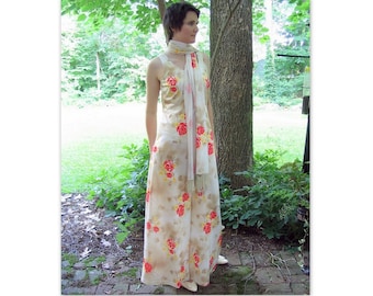 Vintage 1960s / 1970s Prom Party Dress, Mod Maxi Floral Formal with Scarf, Fits Size 6, Small 08-59