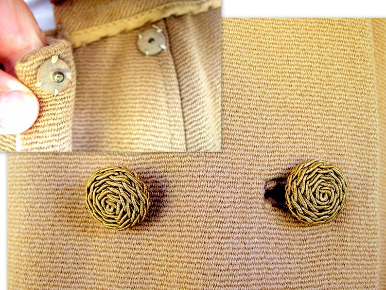 May include: Close-up of a beige women's coat with detailed wound soutache braid buttons. The buttons have a woven, rosette-like design. The coat fabric is a fine, textured weave.  The image shows the buttons and a section of the coat with covered snaps. The buttons are a key feature, showcasing their intricate craftsmanship.