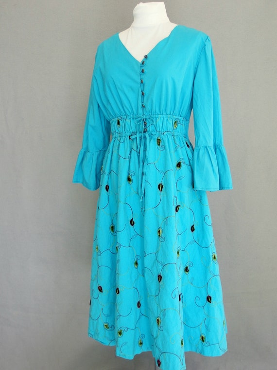 Boho Gypsy Dress, Vintage Turquoise Handmade Peas… - image 2