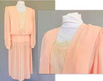 Peach Georgette Dress, Vintage 1980's Blouson Dress with Pleated Skirt, Peplum and Embroidered Cami, Fits Size 6, Small