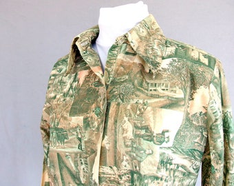 Green Picture Blouse, Vintage 1970's Rustic Frontier Shirt, Fits Size 8, Small