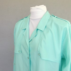 Rolled Sleeve Blouse, Vintage 1980's Silky Aqua Military Inspired Shirt, Fits Size 10 Medium image 2