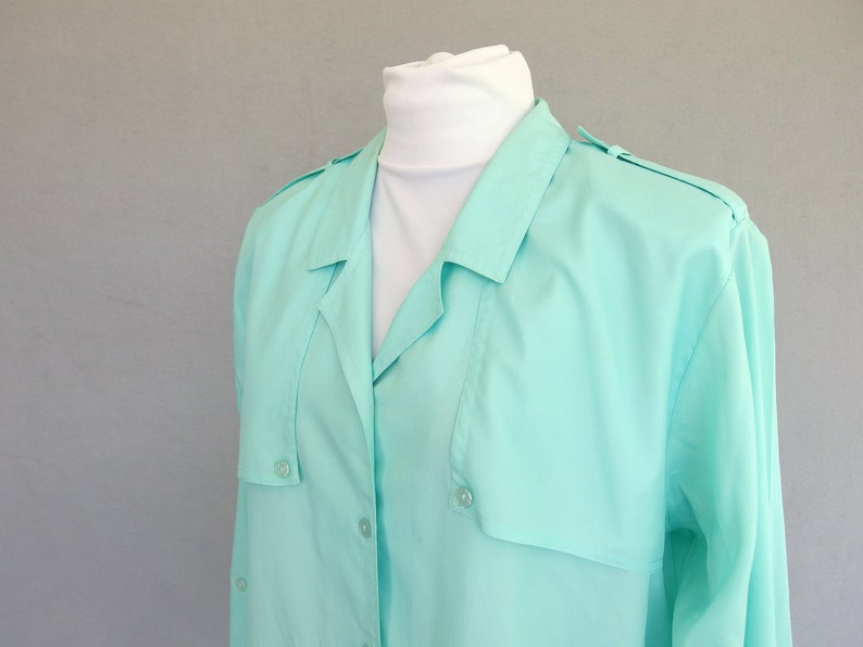 Rolled Sleeve Blouse, Vintage 1980's Silky Aqua Military Inspired Shirt, Fits Size 10 Medium image 2