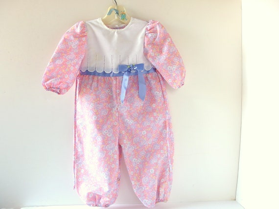 Pink Floral Rompers Girls with White Lace Yoke, V… - image 1