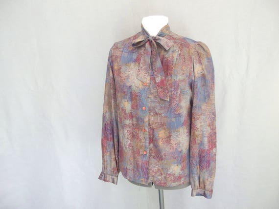 Gray Tie Blouse, Vintage 1970's Silky Blouse, Fit… - image 4