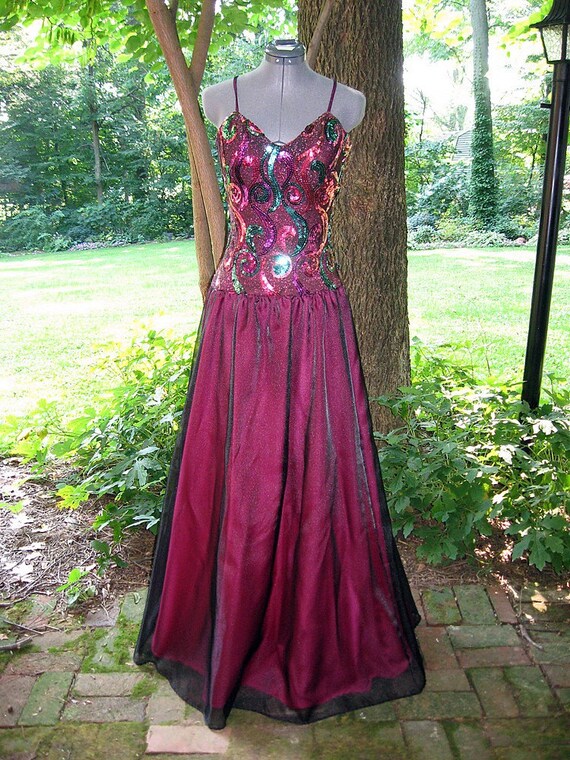 Reserved for Lizzie Reworked 1990's Hot Pink / Black Sequined Gothic Prom Party Dress, Ballgown, Fits Size 2, Extra Small R58