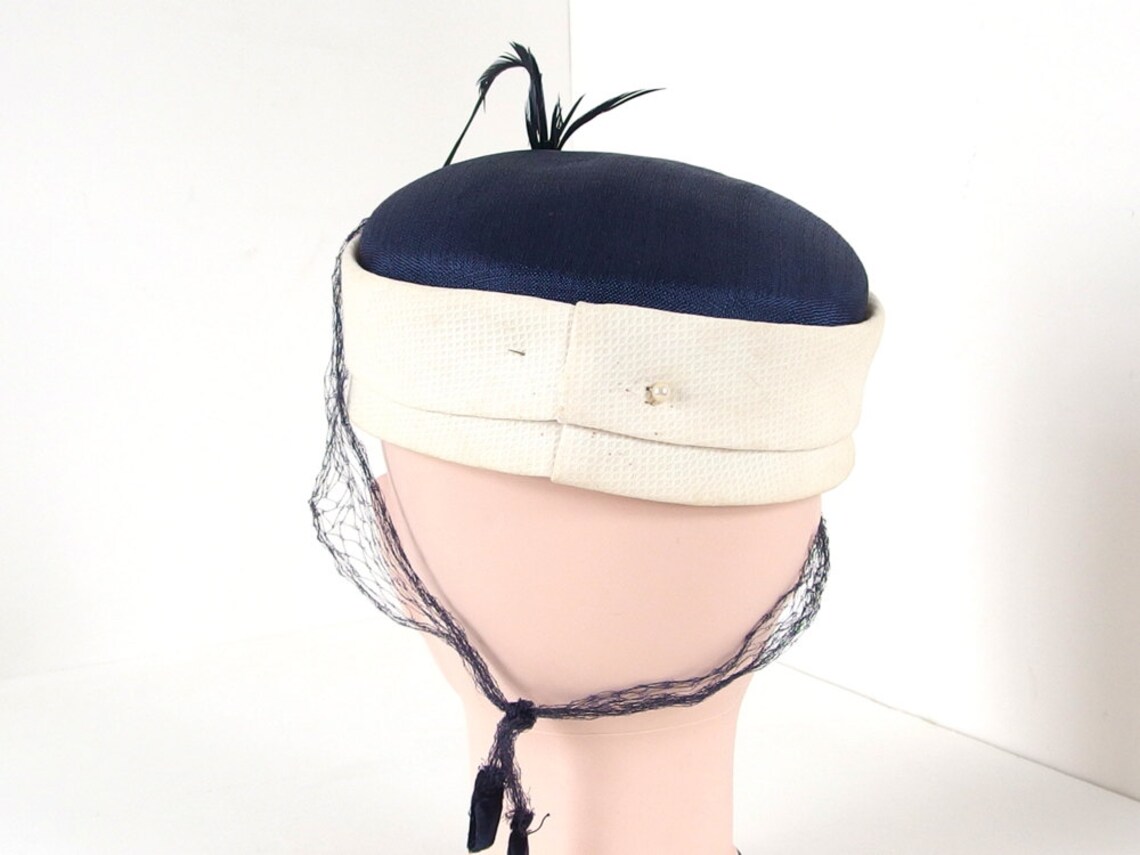 Vintage Navy Blue Pillbox Hat With Ivory Band Veil Feathers Etsy