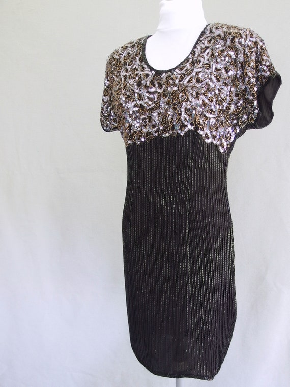 Black Party Dress - Vintage 1980's Beaded Disco D… - image 6