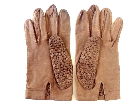 Vintage Brown Woven Leather Gloves, Size 7 - image 3