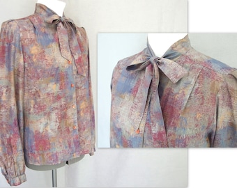 Gray Tie Blouse, Vintage 1970's Silky Blouse, Fits Size 6 to 8, Small