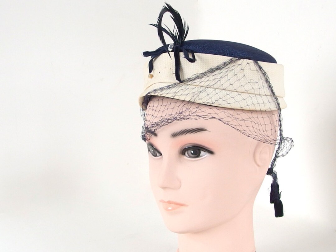 Vintage Navy Blue Pillbox Hat With Ivory Band, Veil, Feathers and