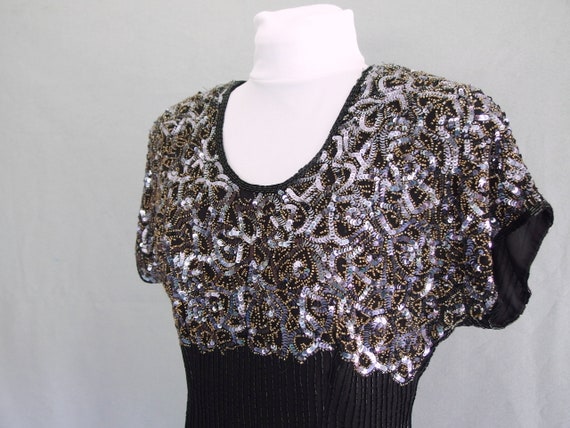 Black Party Dress - Vintage 1980's Beaded Disco D… - image 3