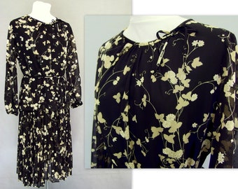 Black Secretarys Dress Vintage 1970s Semi Sheer with Tan Flowers, Fits a Size Small