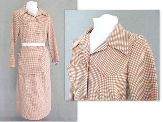 Brown Gingham Doubleknit Suit, NWT Vintage 1970's… - image 1