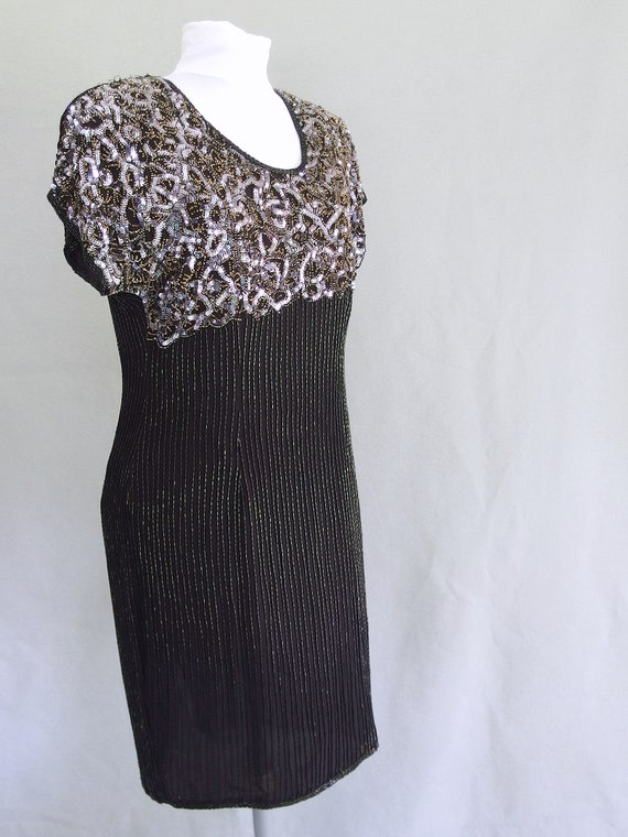 Black Party Dress - Vintage 1980's Beaded Disco D… - image 2