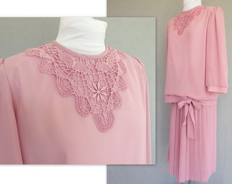 Two Piece Dress, Vintage 1980s Pink Dress with Dropped Waist and Lace - Fits Size 6 to 8, Small