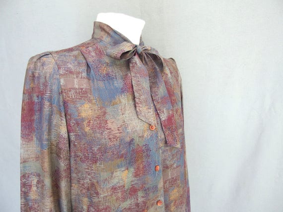 Gray Tie Blouse, Vintage 1970's Silky Blouse, Fit… - image 3