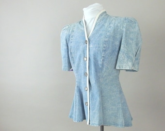 Denim Peplum Blouse, Vintage 1980's Acid Washed Jeans Top, Fits Size 10, Medium