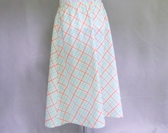Plaid Bias Midi Skirt, Aqua and Coral Polyester Skirt, Womens Size 10, Medium