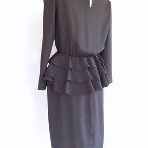 Little Black Dress Vintage 1980's Two Piece Ruffled Peplum Dress, Fits Size 6, Small image 7