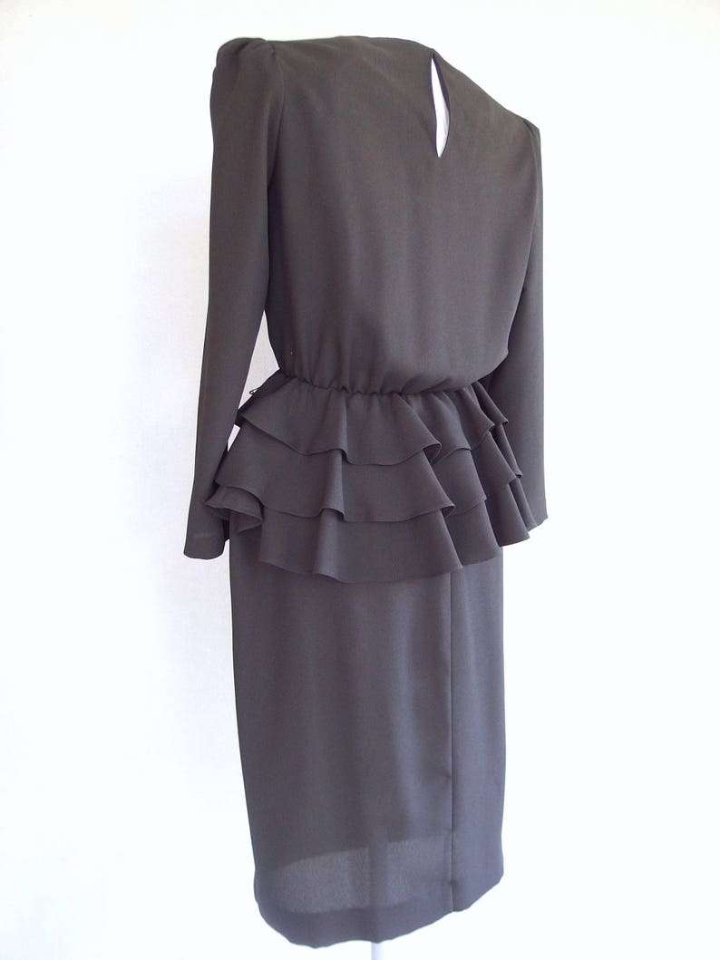 Little Black Dress Vintage 1980's Two Piece Ruffled Peplum Dress, Fits Size 6, Small image 7