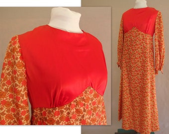 Vintage 1960's Mod Formal; Rust, Empire Waisted Floral Dress, Fits Size 4, Extra Small