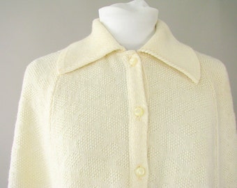 Vintage 1970's Ivory Poncho Knit Cape, Up to Size 18