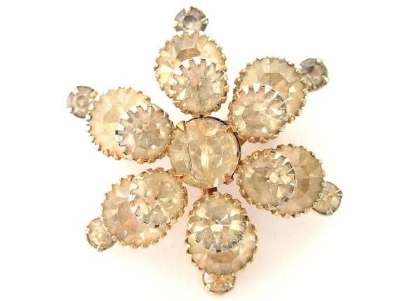 Broche Vintage Flocon De Neige En Métal Rhodié Avec Strass Et Marcassites - Dimensions 35x35mm - Occasion