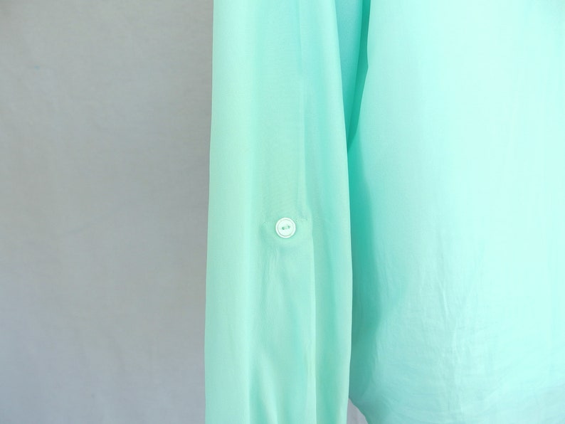 Rolled Sleeve Blouse, Vintage 1980's Silky Aqua Military Inspired Shirt, Fits Size 10 Medium image 8