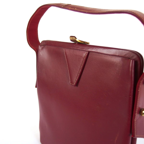 Oxblood Leather Handbag, Vintage 1960's Tall Purse