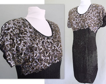 Black Party Dress - Vintage 1980's Beaded Disco Dress, Fits Size 4, Extra Small