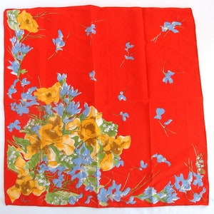 Vintage 1980&#39;s Silky Floral Scarf from Veresa by Vera - Orangey Red with Gold Flowers 21 x 21 Inches
