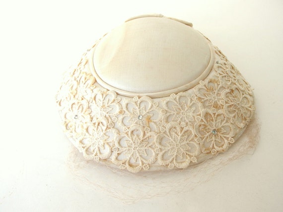 Vintage Wide Brimmed Ivory Clip Hat with Birdcage… - image 2